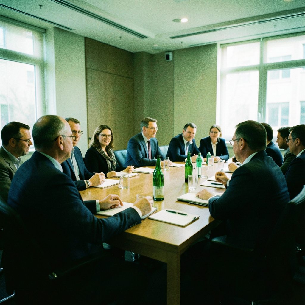 Professionals networking at a conference, with warm ambient lighting, people in business attire exchanging handshakes and conversation in a modern venue.