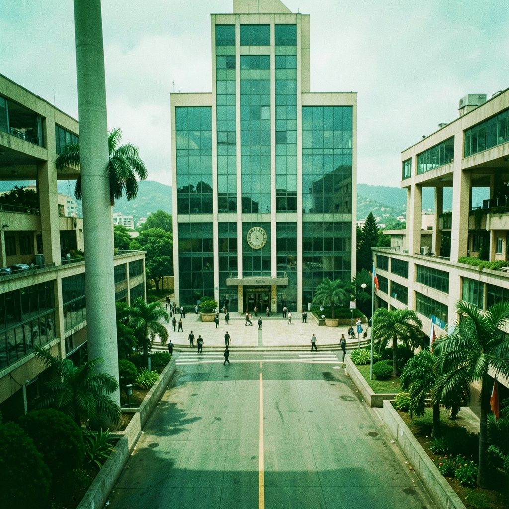 Wide-angle photograph of a modern multi-storey office building in Accra under a bright blue sky, with palm trees framing the foreground and warm sunlight casting soft shadows across the facade.