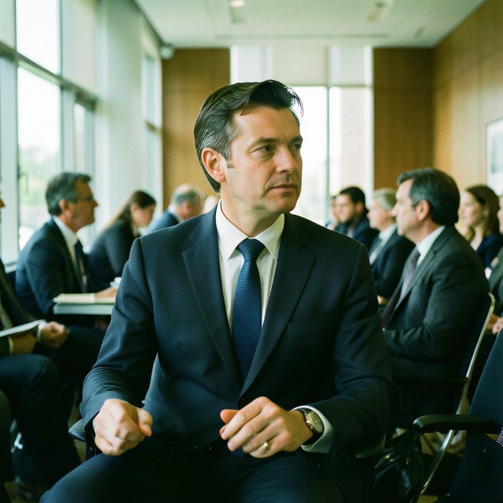 A group of professionals seated in a conference hall with warm lighting, engaged in a presentation, with a screen displaying surveying content in the background.